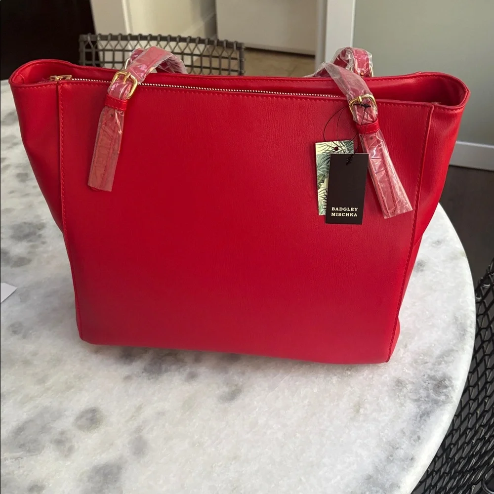 Badgley Mischka Large Tote Vegan Leather Red/Gold NWT
